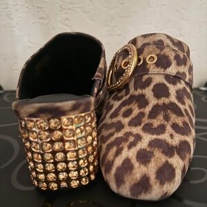 JUST IN: Kurt Geiger Suede Brown/nd Gold Mules with Leopard Design SZ Various